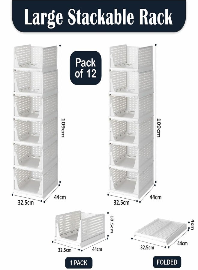 CLAPONE منظم خزانة ملابس قابل للتكديس من CLAPONE مكون من 12 قطعة للتخزين / منظم خزانة ملابس قابل للطي / منظم خزانة ملابس بلاستيكي قابل للتكديس / درج منزلق قابل للتعديل / منظم تخزين قمصان قابل للطي (أبيض) - Image 2